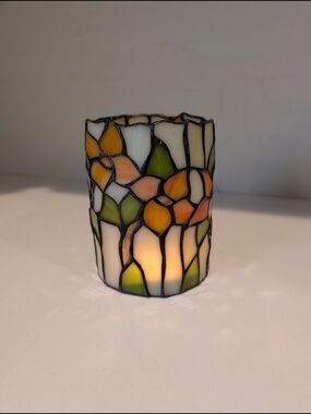 Vintage Tiffany Style Stained Glass Votive Holder - 5” Floral Case